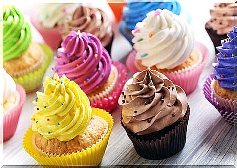 Colorful muffins, made with refined flour.