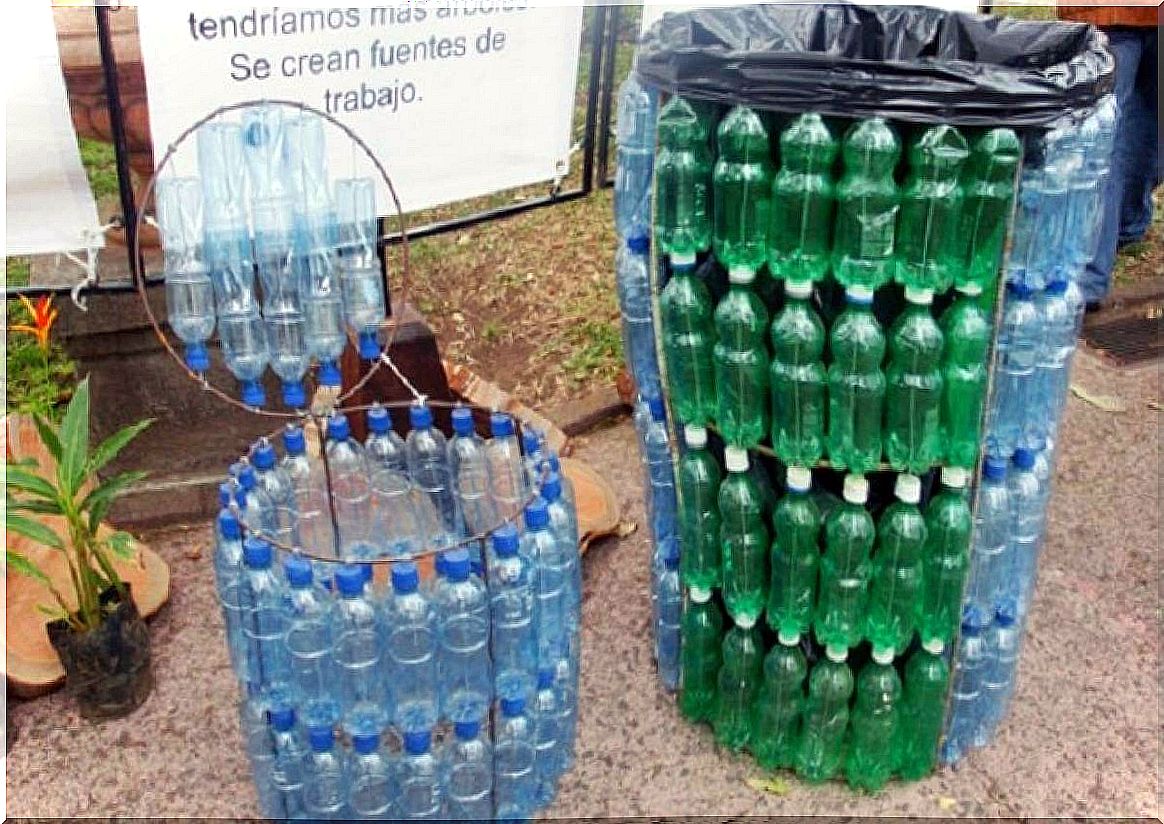 We can create a garbage can from plastic bottles.