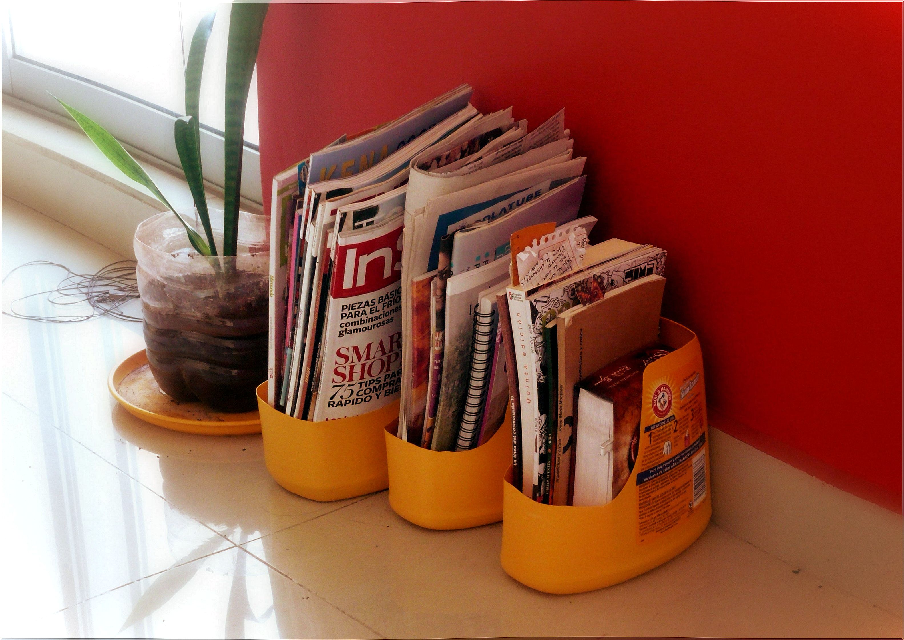 We can create magazine racks from plastic bottles.