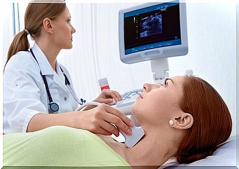 Female doctor examines the thyroid of a patient with ultrasound.